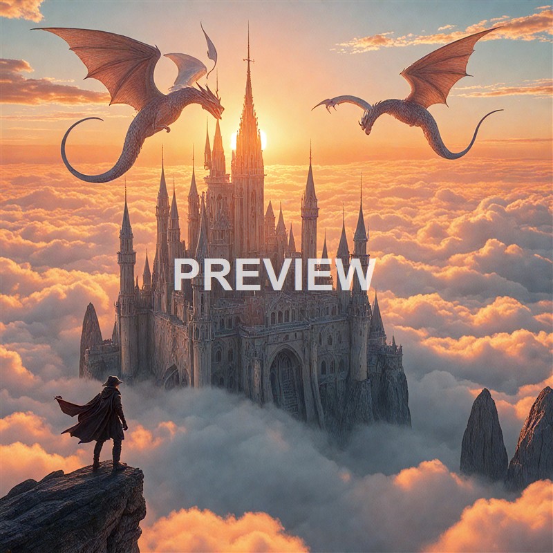 A person standing on a rocky ledge overlooking a magnificent, castle-like structure floating among clouds with two dragons flying nearby during a sunset.